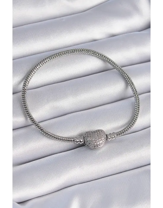 316L Çelik Zincir Gümüş Renk Zirkon Taşlı Kalp Charm Model Kadın Bileklik