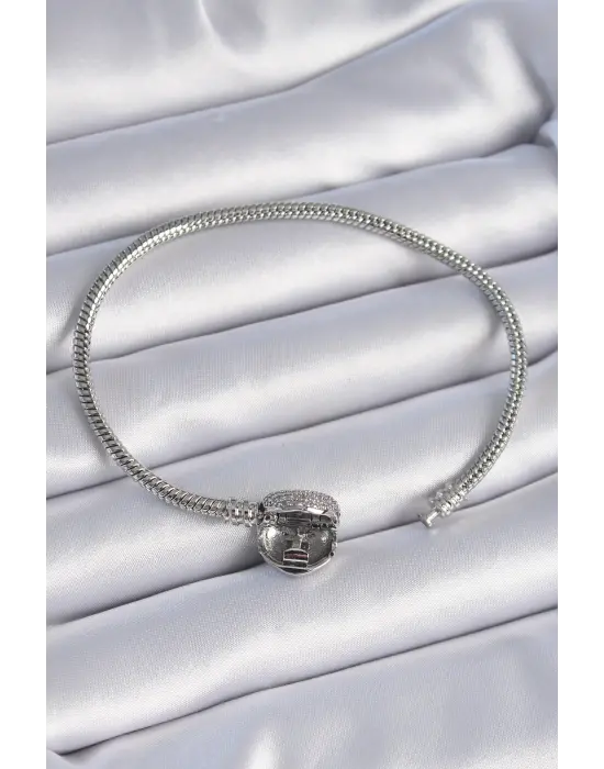 316L Çelik Zincir Gümüş Renk Zirkon Taşlı Kalp Charm Model Kadın Bileklik