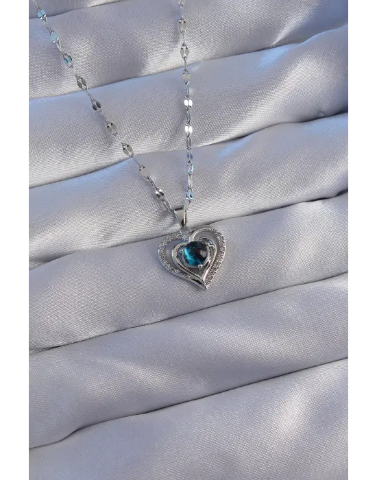  Zincir Gümüş  Zirkon Taşlı Kalp Figürlü Gezegen Çelik Kolye