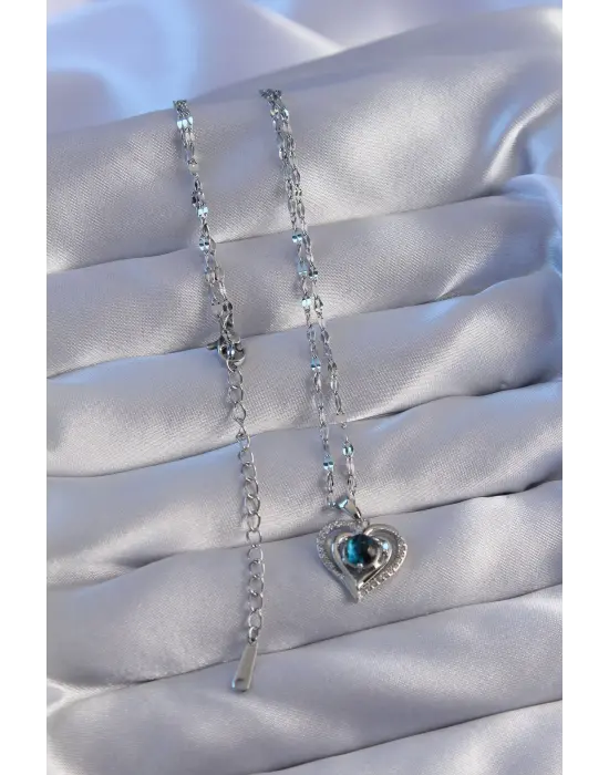 Zincir Gümüş  Zirkon Taşlı Kalp Figürlü Gezegen Çelik Kolye