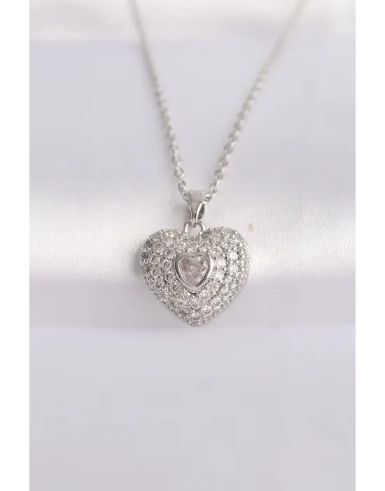  Zincir Gümüş  Zirkon Taşlı Kalp Çelik Kolye