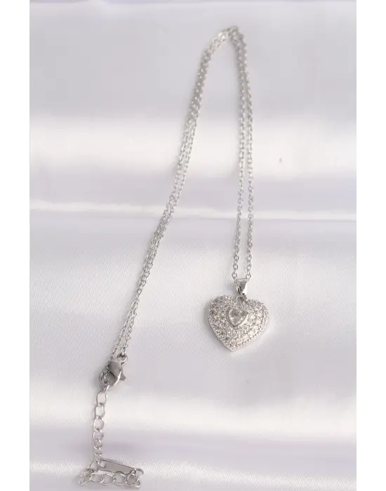  Zincir Gümüş  Zirkon Taşlı Kalp Çelik Kolye