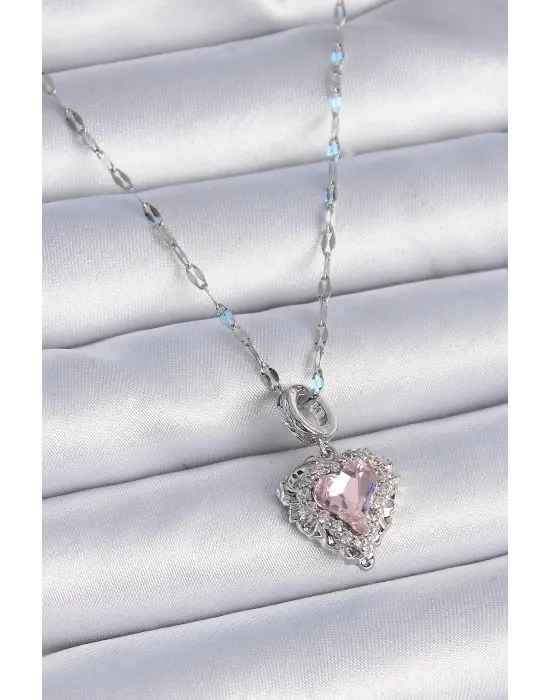  Zincir Gümüş  Zirkon Taşlı Kalp Model  Çelik Kolye