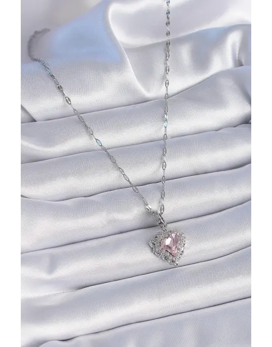  Zincir Gümüş  Zirkon Taşlı Kalp Model  Çelik Kolye