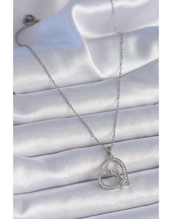  Zincir Gümüş  Zirkon Taşlı Kalp Model Melek Detay  Çelik Kolye