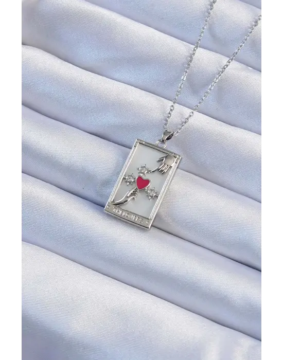 Zincir Gümüş  Zirkon Taşlı Kalp Model Tarot Çelik Kolye