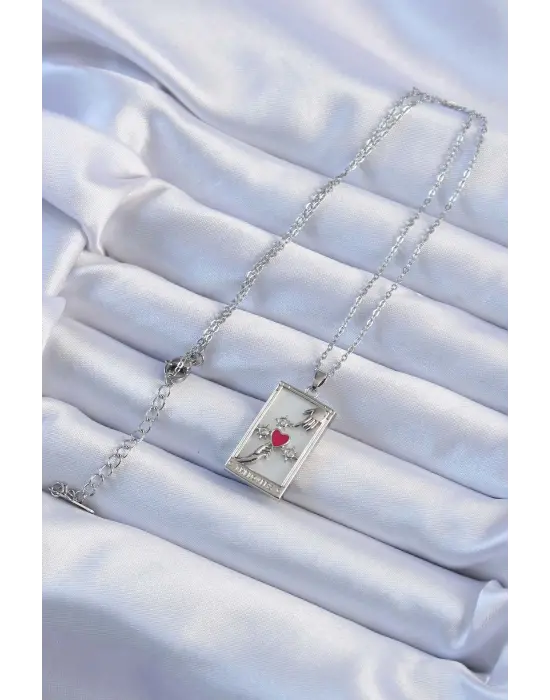  Zincir Gümüş  Zirkon Taşlı Kalp Model Tarot Çelik Kolye