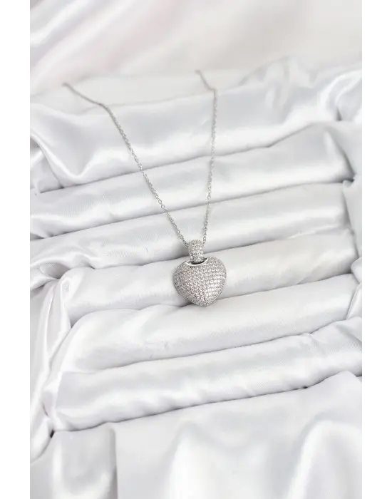 316L Çelik Zincir Gümüş Renk Zirkon Taşlı Kalpli Kadın Kolye