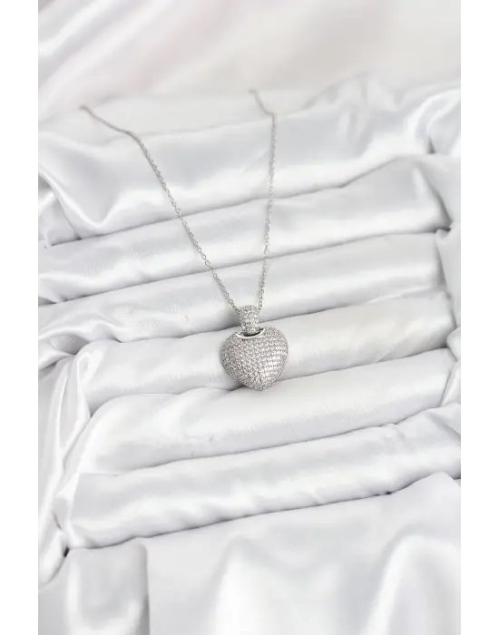 316L Çelik Zincir Gümüş Renk Zirkon Taşlı Kalpli Kadın Kolye