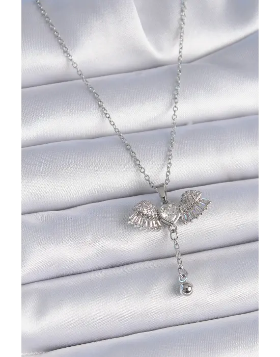  Zincir Gümüş  Zirkon Taşlı Kanat Model Sallantı Detay  Çelik Kolye