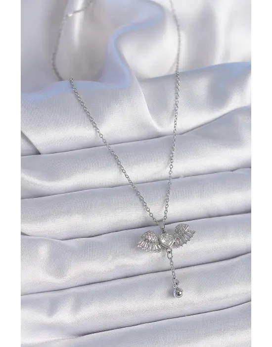  Zincir Gümüş  Zirkon Taşlı Kanat Model Sallantı Detay  Çelik Kolye