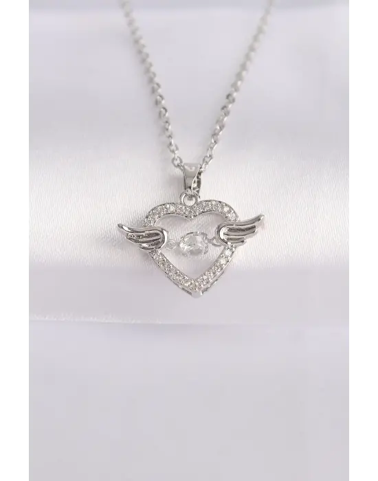 Zincir Gümüş  Zirkon Taşlı Kanatlı Kalp Çelik Kolye