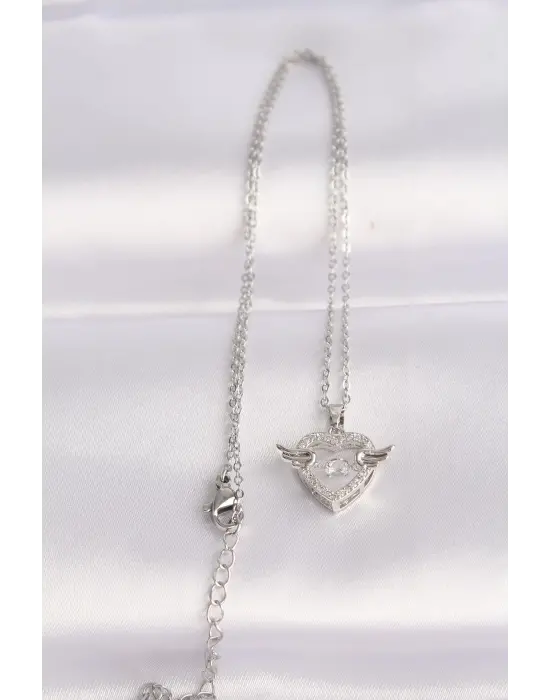  Zincir Gümüş  Zirkon Taşlı Kanatlı Kalp Çelik Kolye