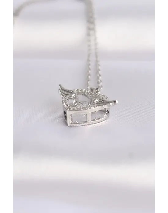  Zincir Gümüş  Zirkon Taşlı Kanatlı Kalp Çelik Kolye