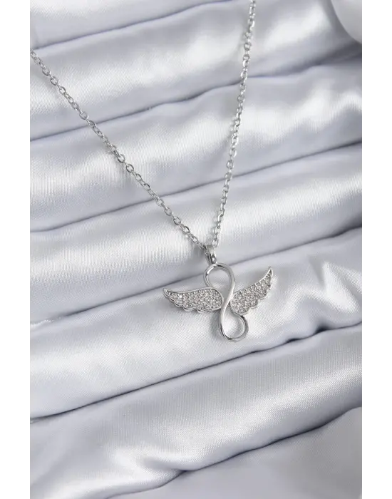  Zincir Gümüş  Zirkon Taşlı Kanatlı Sonsuzluk Model  Çelik Kolye
