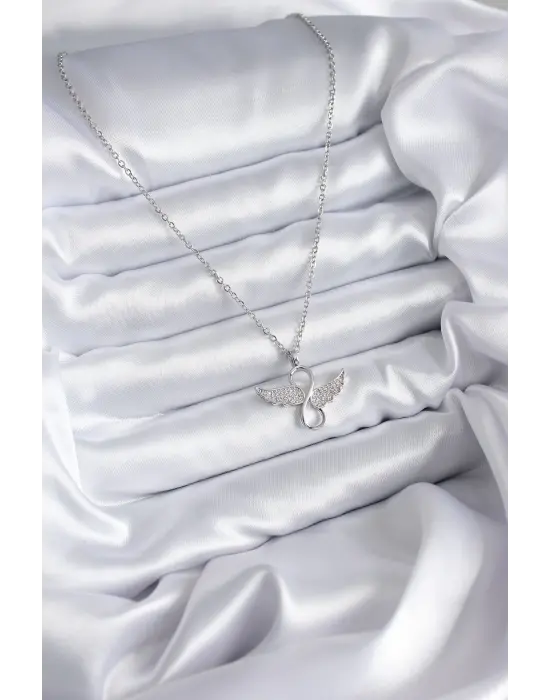  Zincir Gümüş  Zirkon Taşlı Kanatlı Sonsuzluk Model  Çelik Kolye