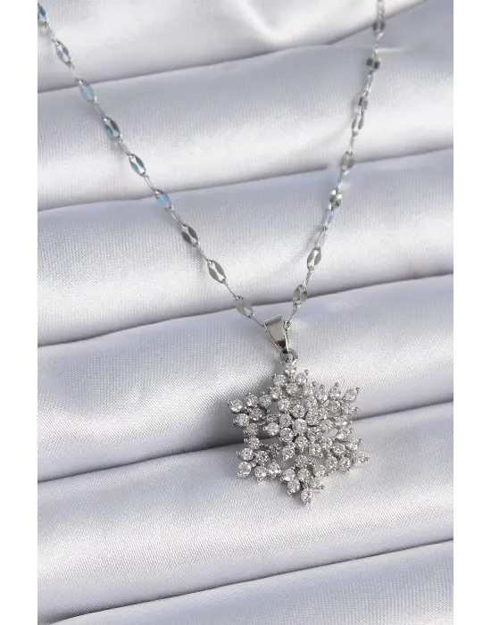  Zincir Gümüş  Zirkon Taşlı Kar Tanesi Model  Çelik Kolye