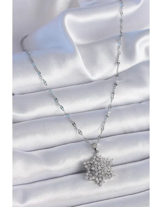  Zincir Gümüş  Zirkon Taşlı Kar Tanesi Model  Çelik Kolye