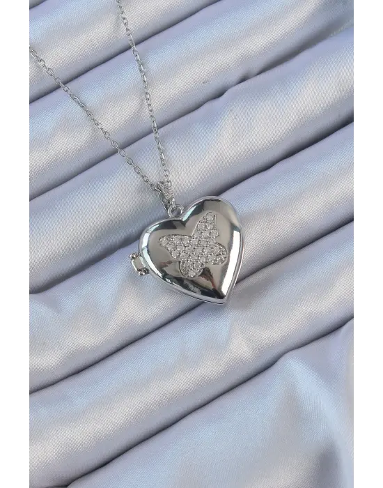  Zincir Gümüş  Zirkon Taşlı Kelebek Desenli İçi Açılan Bombeli Kalp Çelik Kolye