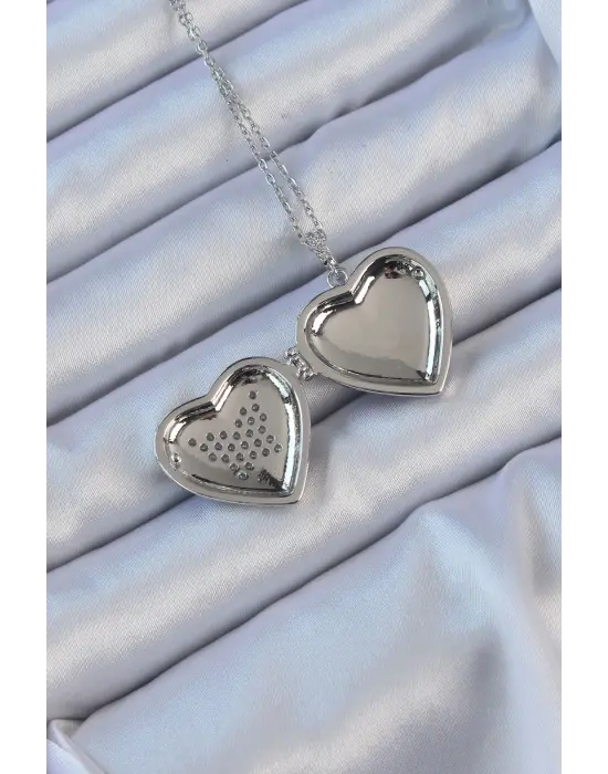  Zincir Gümüş  Zirkon Taşlı Kelebek Desenli İçi Açılan Bombeli Kalp Çelik Kolye