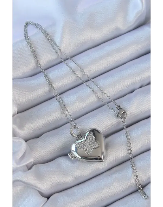  Zincir Gümüş  Zirkon Taşlı Kelebek Desenli İçi Açılan Bombeli Kalp Çelik Kolye