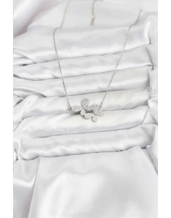 316L Çelik Zincir Gümüş Renk Zirkon Taşlı Kelebek Model Kadın Kolye