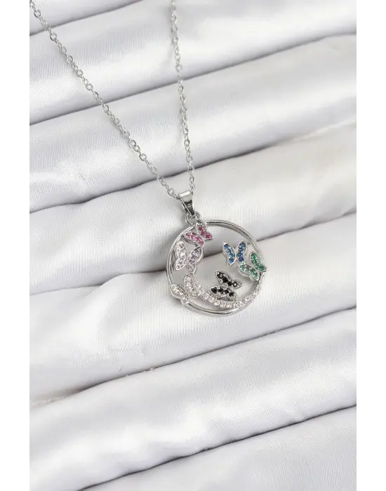 316L Çelik Zincir Gümüş Renk Zirkon Taşlı Kelebekli Kadın Kolye