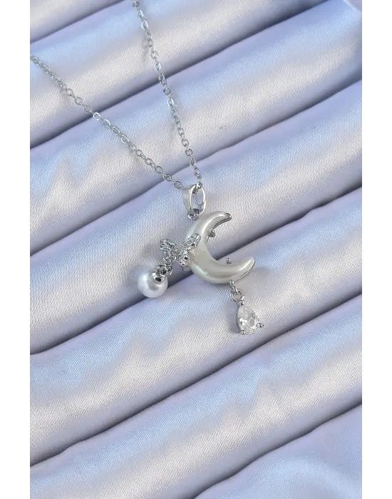  Zincir Gümüş  Zirkon Taşlı Kelebekli Mineli Ay Çelik Kolye