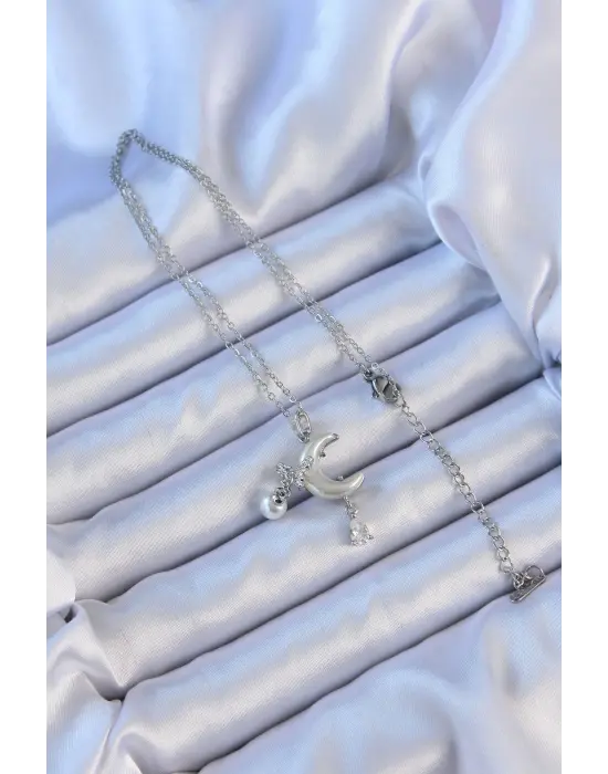  Zincir Gümüş  Zirkon Taşlı Kelebekli Mineli Ay Çelik Kolye