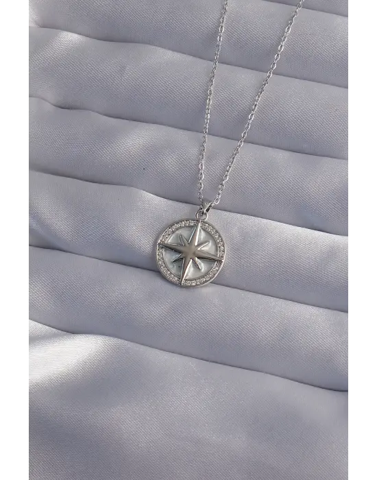  Zincir Gümüş  Zirkon Taşlı Kutup Yıldızı Çelik Kolye