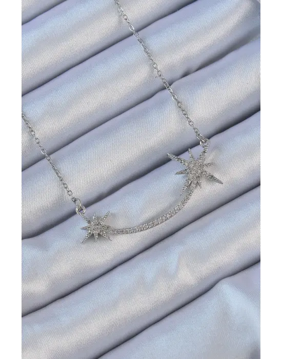  Zincir Gümüş  Zirkon Taşlı Kutup Yıldızı Çelik Kolye