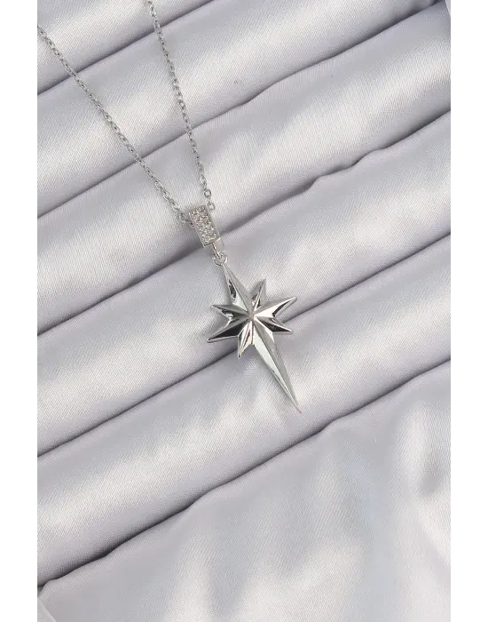  Zincir Gümüş  Zirkon Taşlı Kutup Yıldızı Çelik Kolye