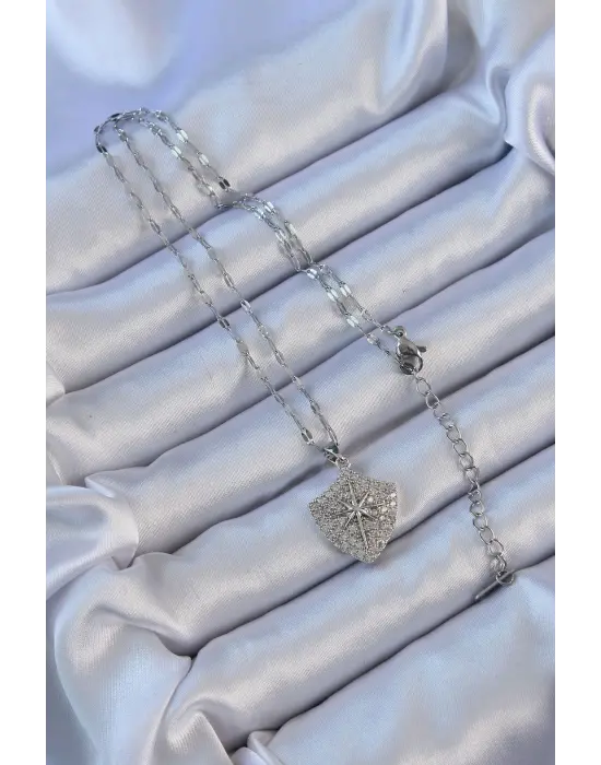  Zincir Gümüş  Zirkon Taşlı Kutup Yıldızı Çelik Kolye