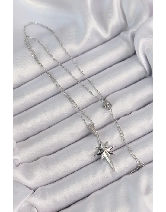  Zincir Gümüş  Zirkon Taşlı Kutup Yıldızı Çelik Kolye