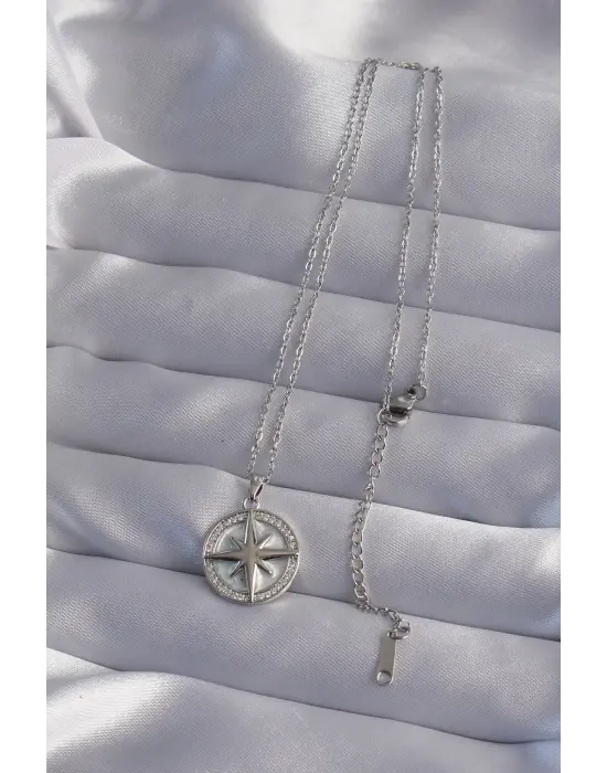  Zincir Gümüş  Zirkon Taşlı Kutup Yıldızı Çelik Kolye
