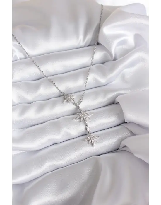 316L Çelik Zincir Gümüş Renk Zirkon Taşlı Kutup Yıldızı Model Kadın Kolye