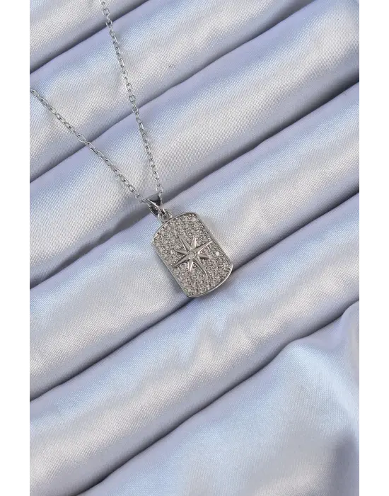  Zincir Gümüş  Zirkon Taşlı Kutup Yıldızlı Vintage Çelik Kolye