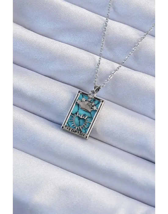  Zincir Gümüş  Zirkon Taşlı Mavi Mermer Desenli Taç Model Tarot Çelik Kolye