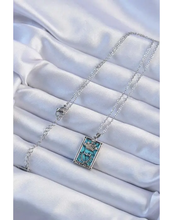  Zincir Gümüş  Zirkon Taşlı Mavi Mermer Desenli Taç Model Tarot Çelik Kolye