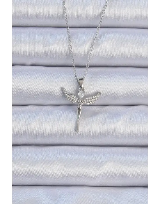  Zincir Gümüş  Zirkon Taşlı Melek Çelik Kolye