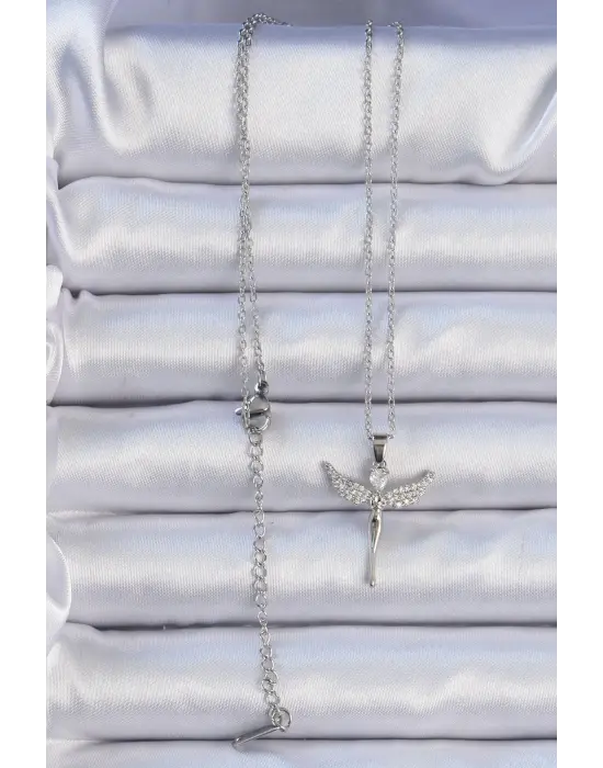  Zincir Gümüş  Zirkon Taşlı Melek Çelik Kolye