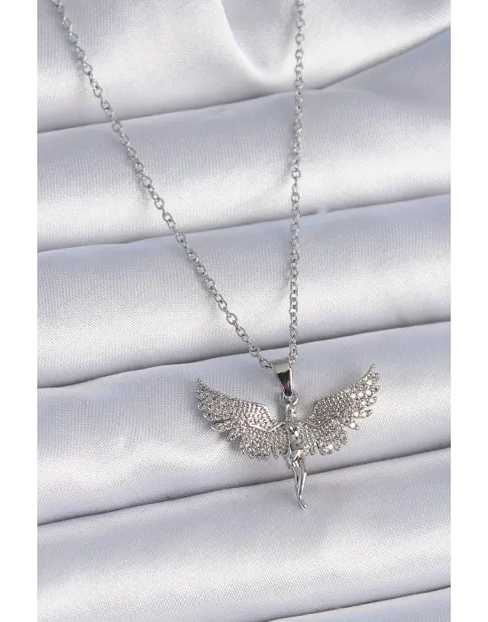  Zincir Gümüş  Zirkon Taşlı Melek Model  Çelik Kolye