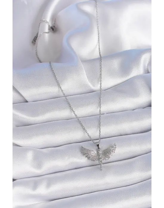  Zincir Gümüş  Zirkon Taşlı Melek Model  Çelik Kolye