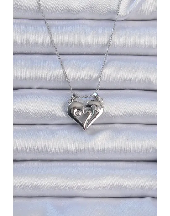  Zincir Gümüş  Zirkon Taşlı Mıknatıslı Kalp Çelik Kolye