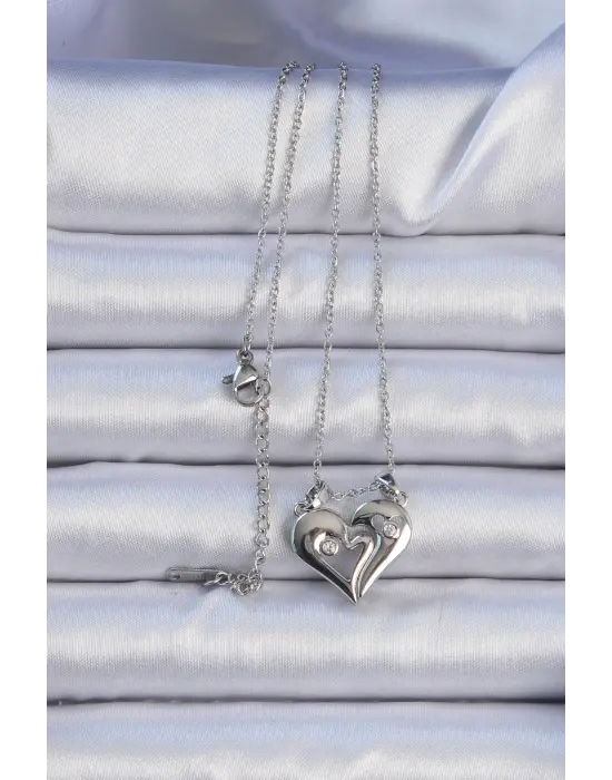  Zincir Gümüş  Zirkon Taşlı Mıknatıslı Kalp Çelik Kolye