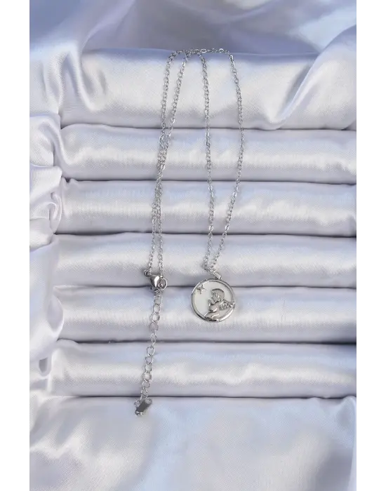  Zincir Gümüş  Zirkon Taşlı Mineli Melek Çelik Kolye