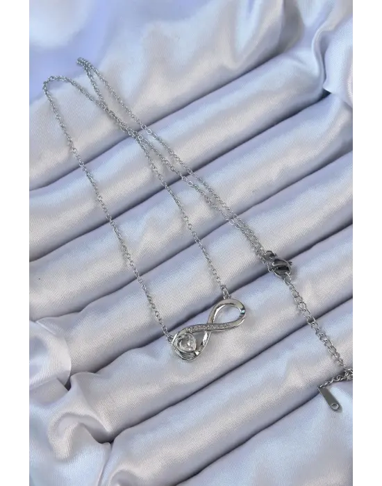  Zincir Gümüş  Zirkon Taşlı Minimal Kalp Figür Sonsuzluk Çelik Kolye