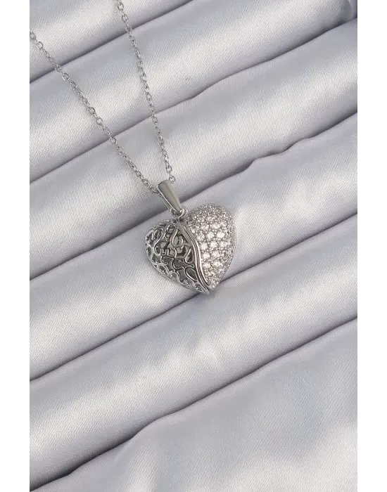  Zincir Gümüş  Zirkon Taşlı Motifli Açılan Kalp Çelik Kolye