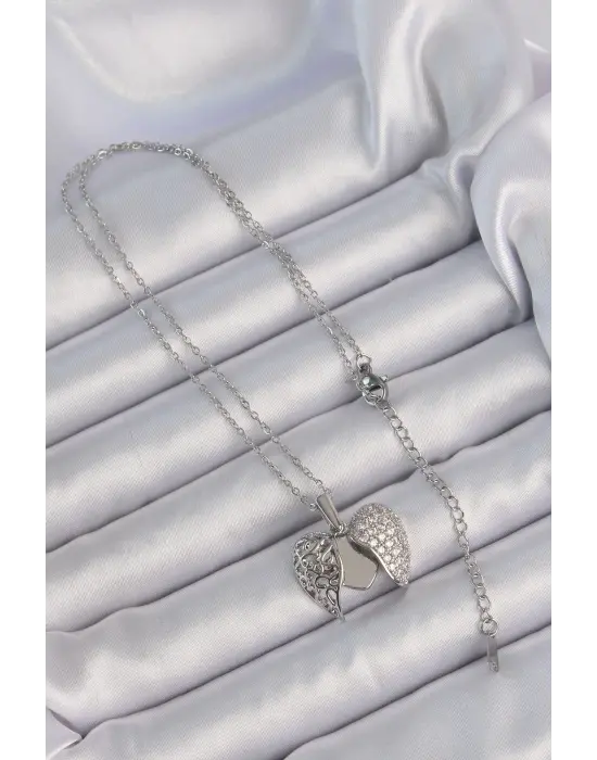 Zincir Gümüş  Zirkon Taşlı Motifli Açılan Kalp Çelik Kolye