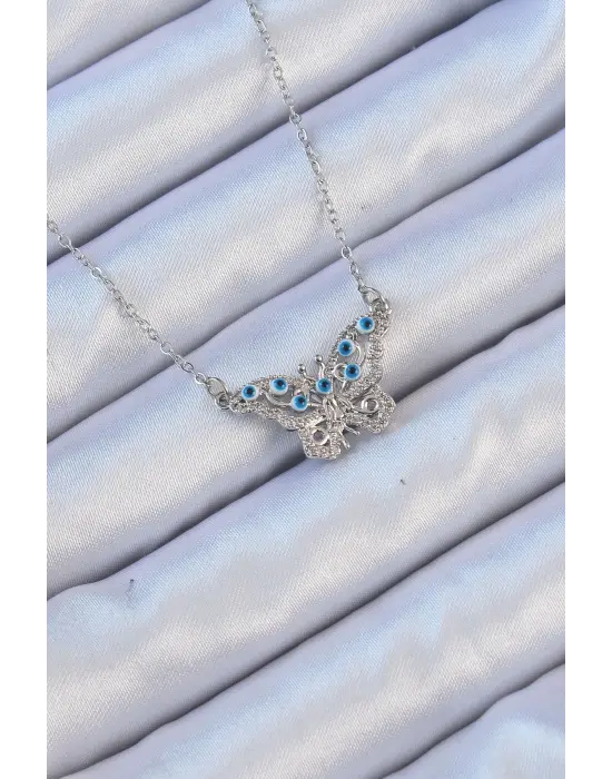  Zincir Gümüş  Zirkon Taşlı Nazarlı Kelebek Çelik Kolye